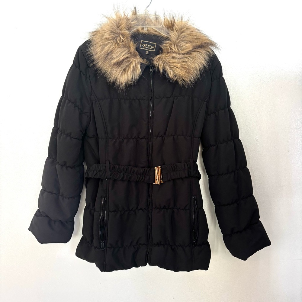 Black Puffer Jacket with Fur Trim